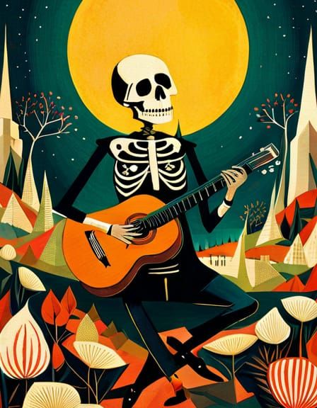 Skeleton Guitarist in Detailed Textile Art Style