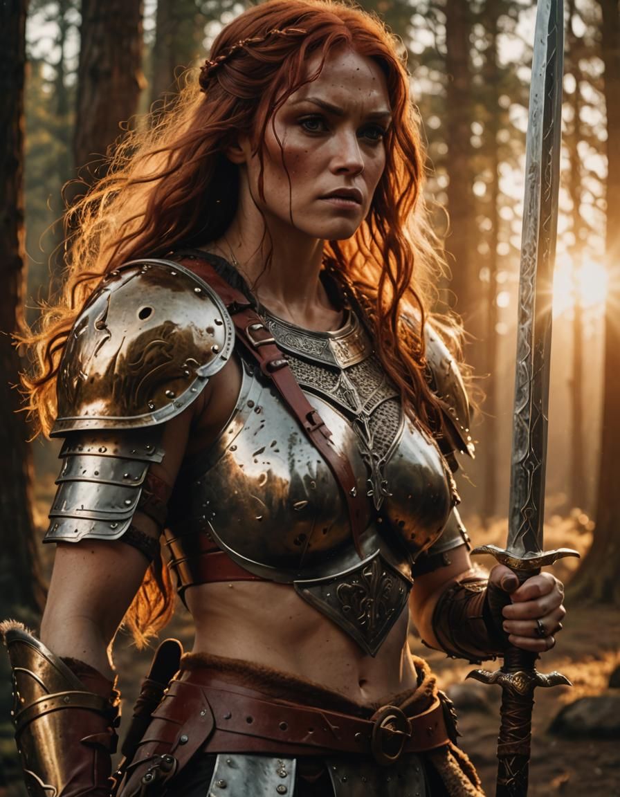 Red Sonja Wields a Sword in Golden Hour Lighting