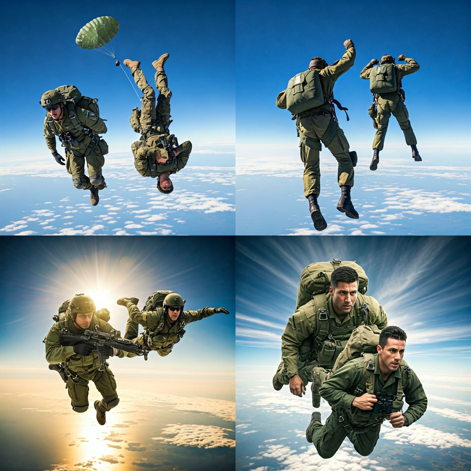 Soldiers Parachuting from Plane: Cinematic Film Still