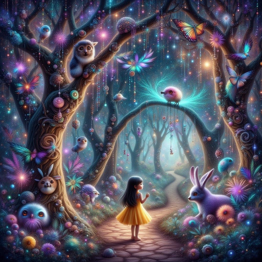 Girl on Trail with Glowing Trees, Whimsical Style