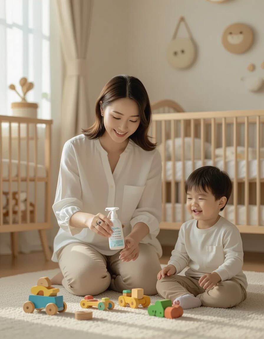 Mother Cleans Toys in Sunlit Nursery