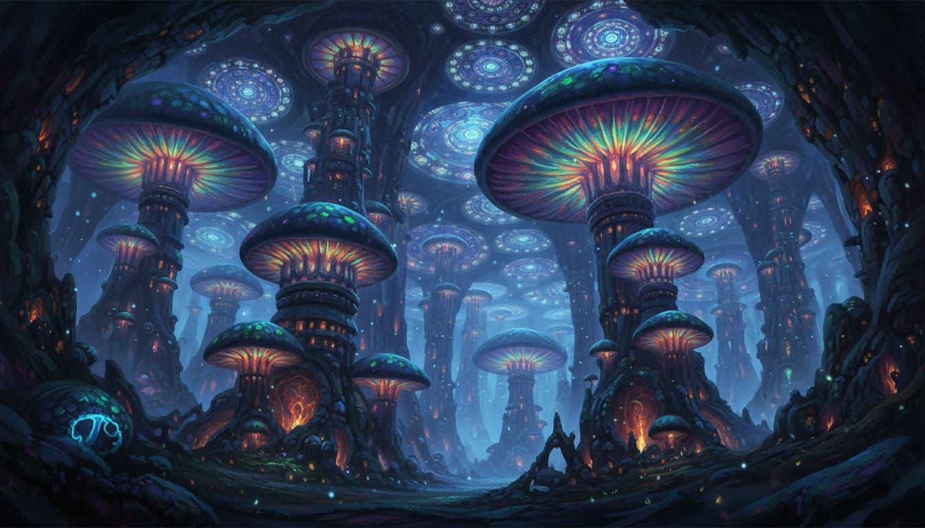 Bioluminescent Mushroom Kingdom in Ethereal Cavern