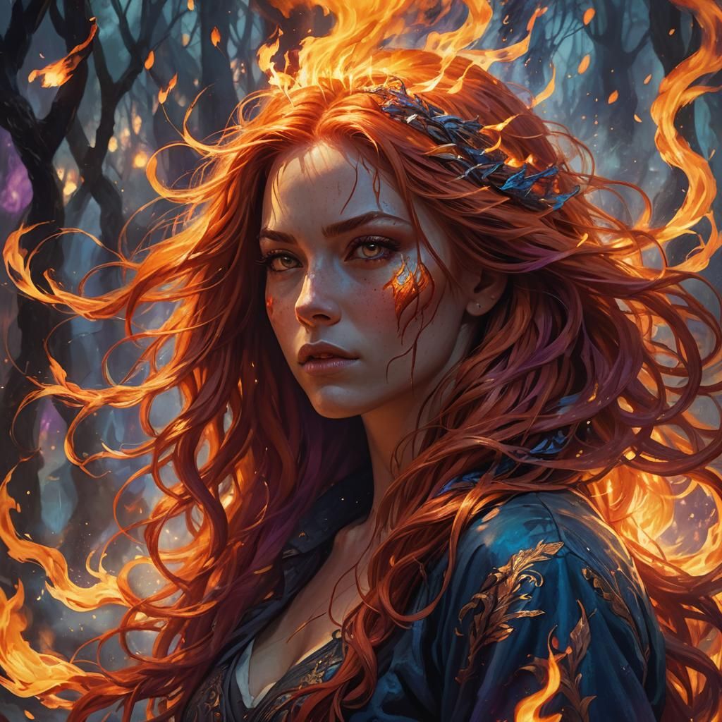 Fiery Haired Woman Conjuring Flames: Fantasy Art