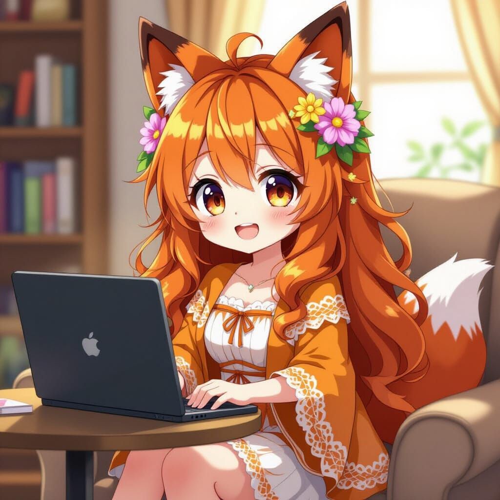 Chibi Anime Fox Girl Amazed by Laptop