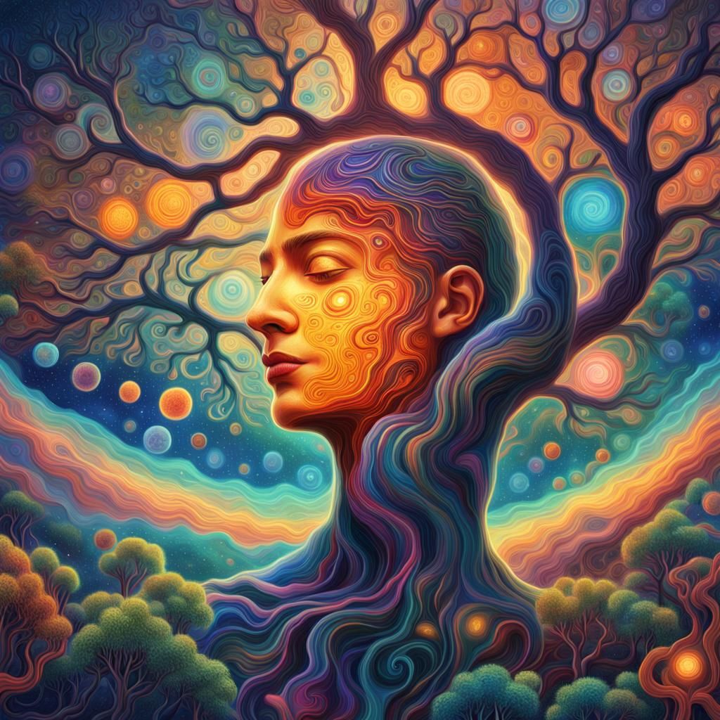 Person Embracing Glowing Tree in Cosmic Surrealism