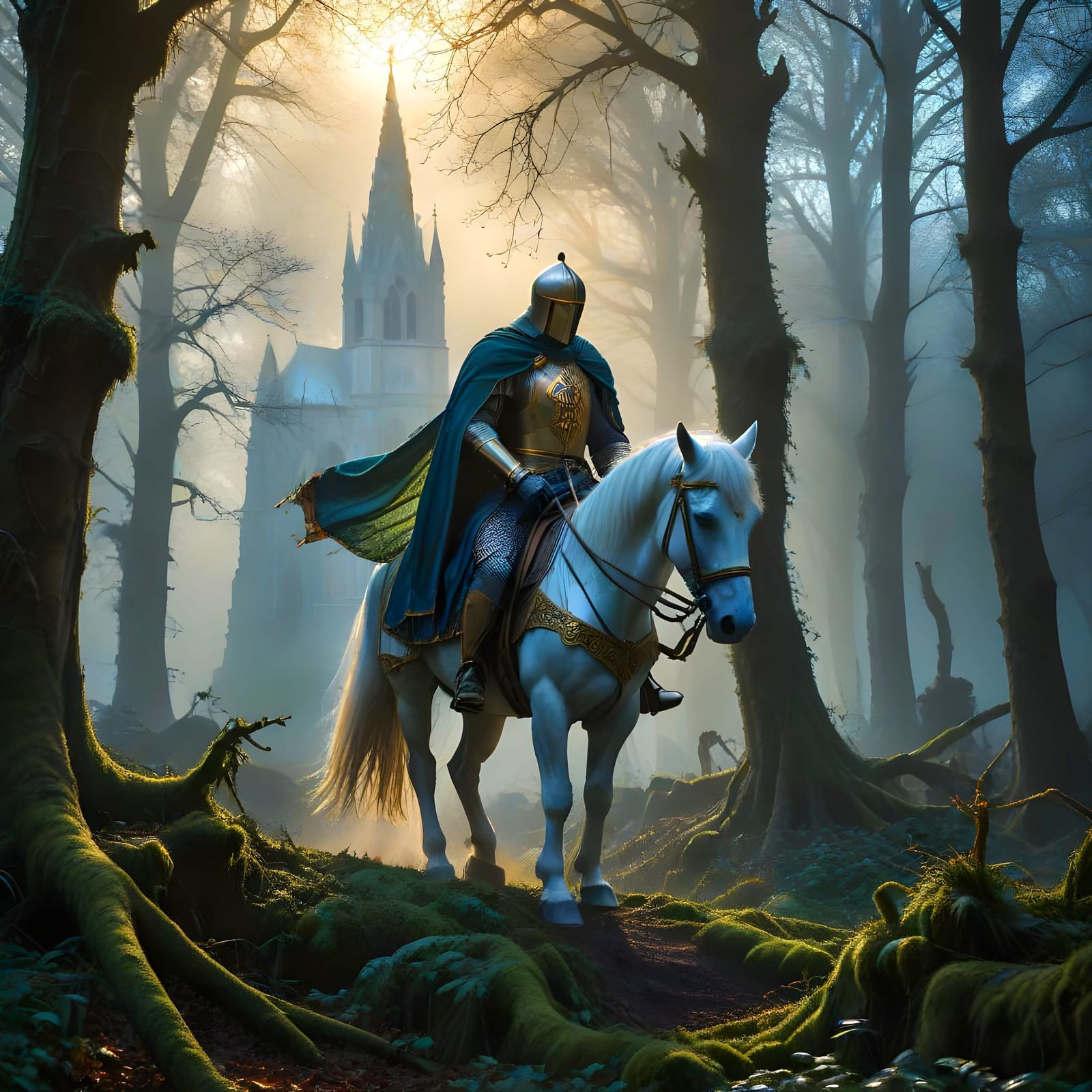 Epic Arthurian Knight Rides Through Misty Medieval Forest at...