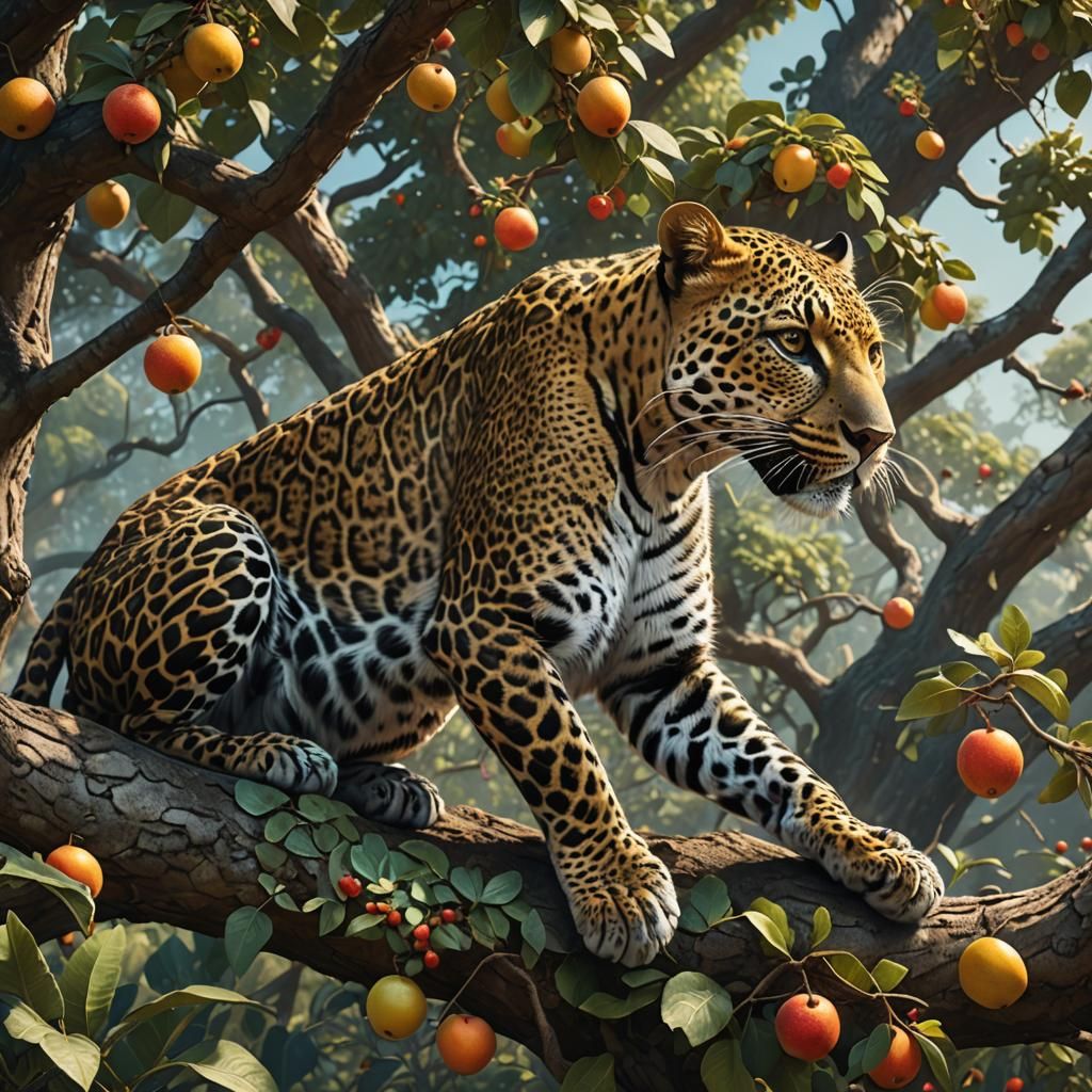 Long-Necked Leopard Reaching for Fruits, Detailed Matte Pain...