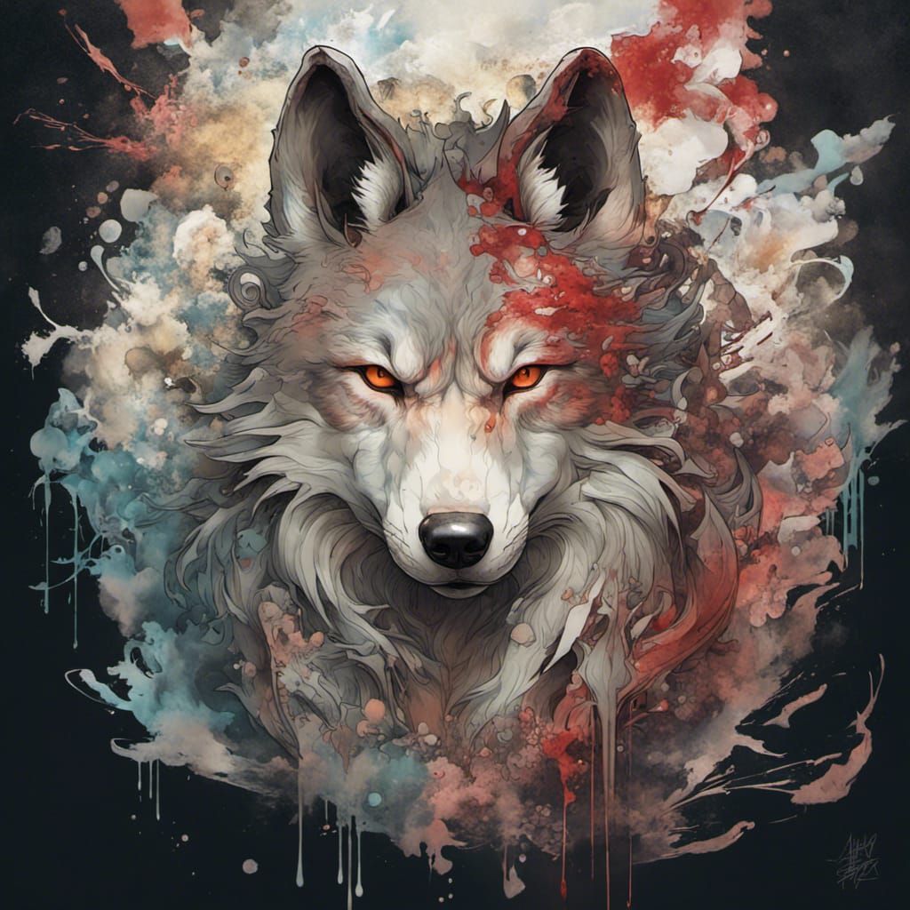 Asian Wolf Yokai in Mucha-Inspired Graffiti Art