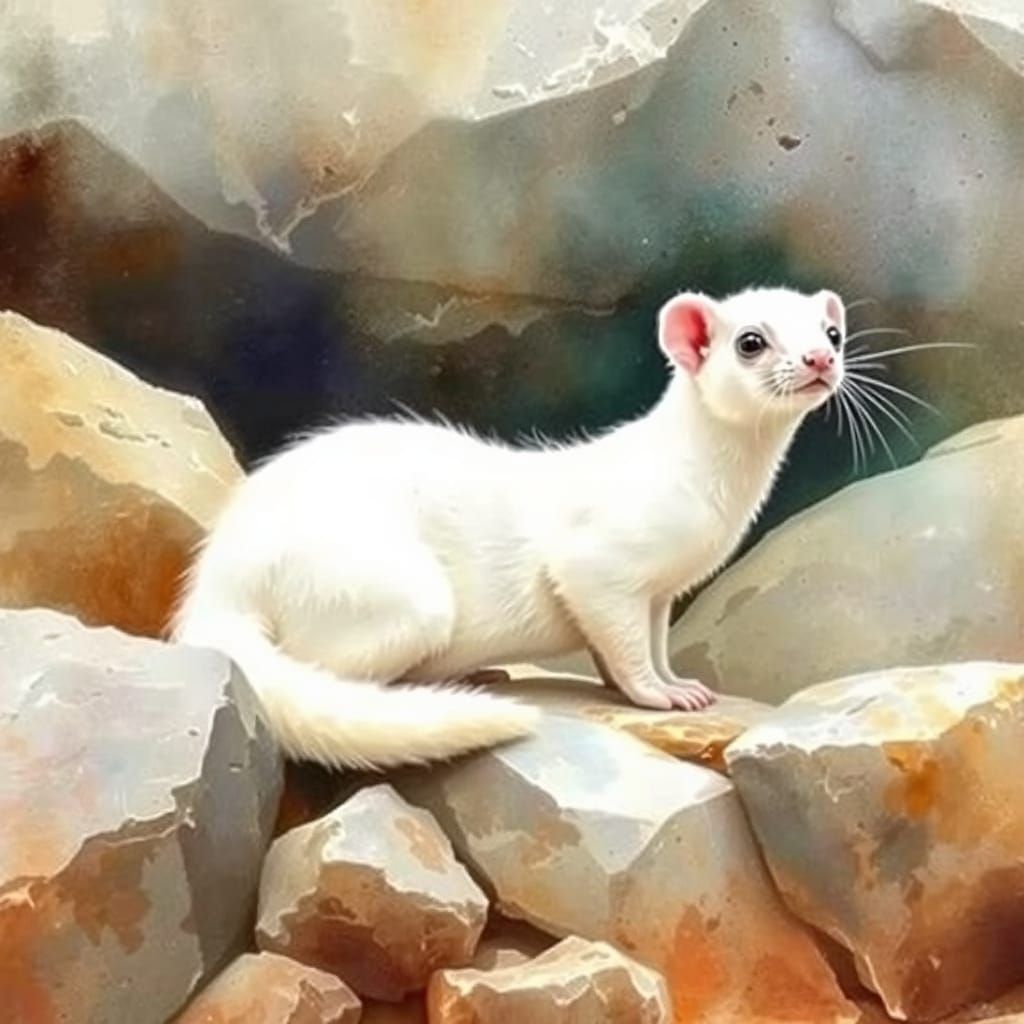 Snowy Ermine Stoat Amidst Rocky Landscape in Watercolour