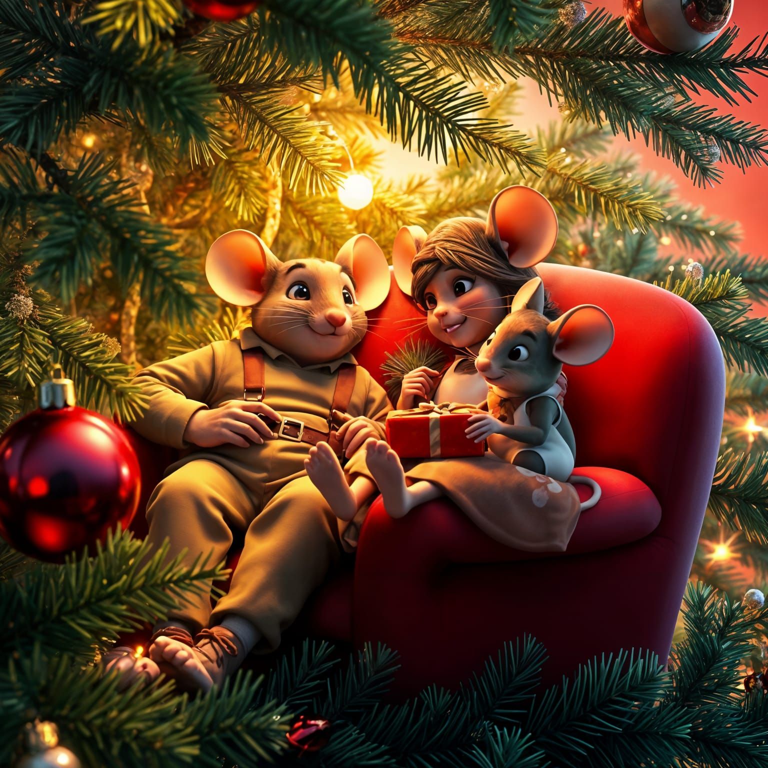 Whimsical Mouse Family Christmas in a Vibrant Christmas Tree