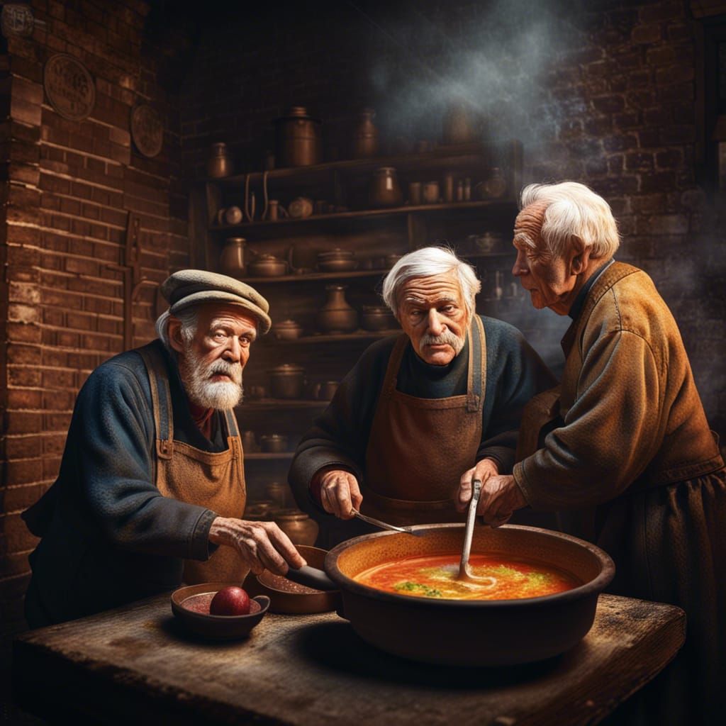 Elderly Men Making Soup in 19th Century Kitchen