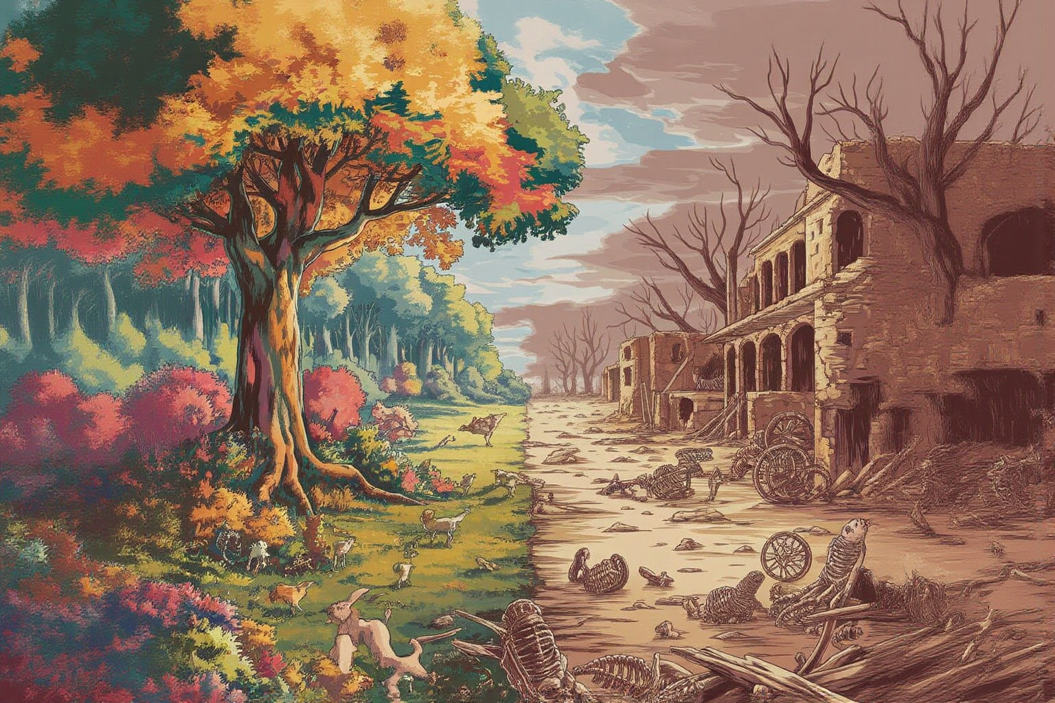 Vibrant Forest Meets War-Torn Wasteland Landscape