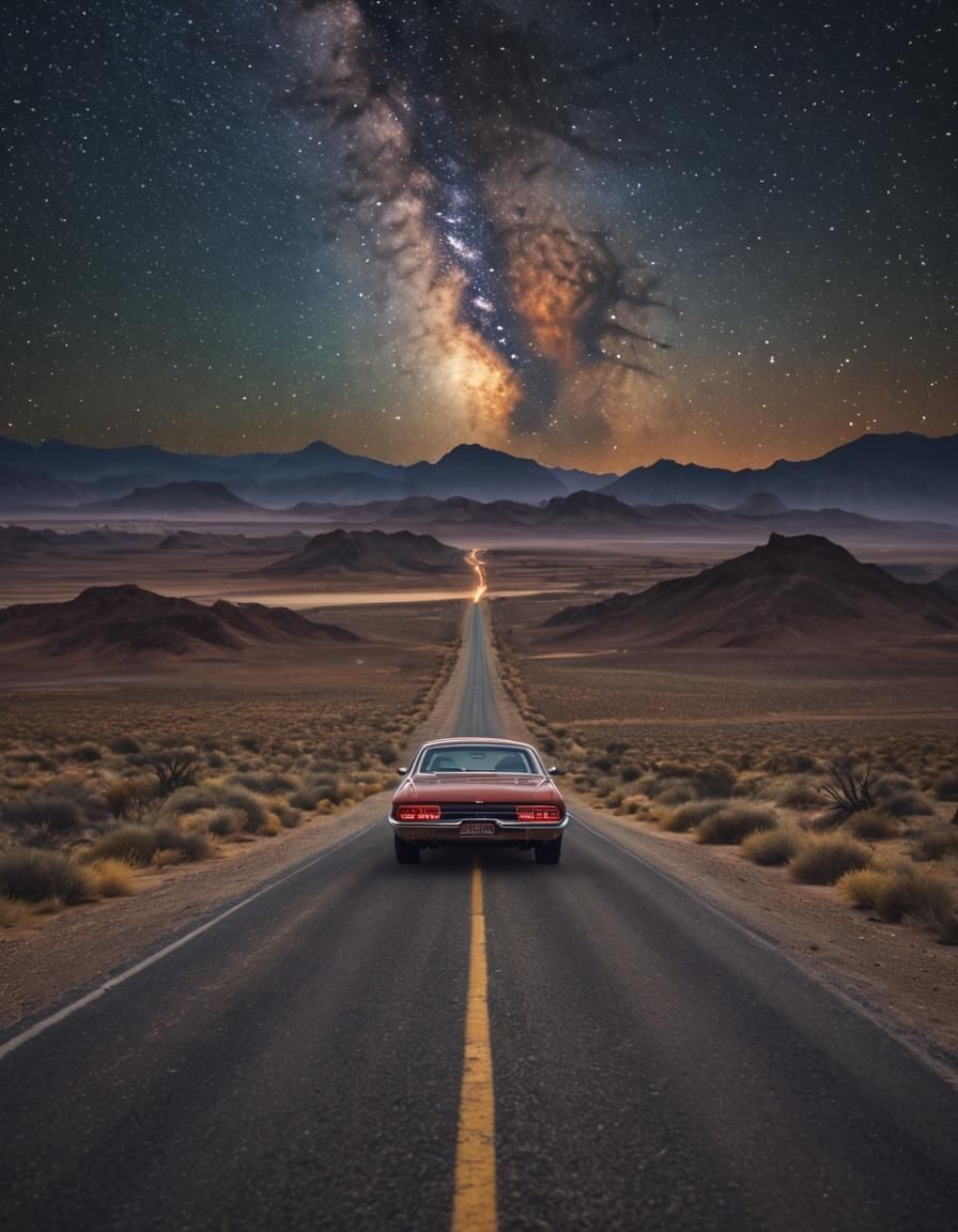 Muscle Car on Desert Road Under Starry Sky