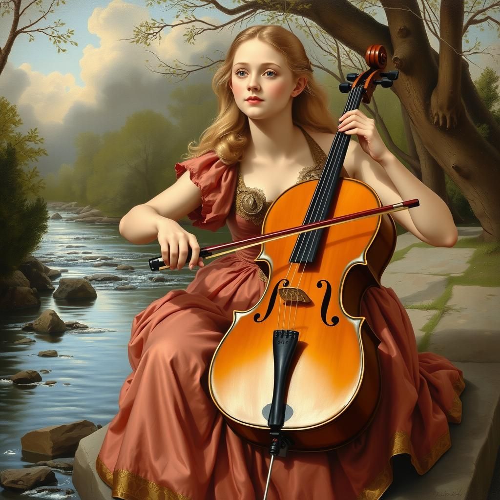 Woman Playing Cello in Bouguereau-Style Oil Painting