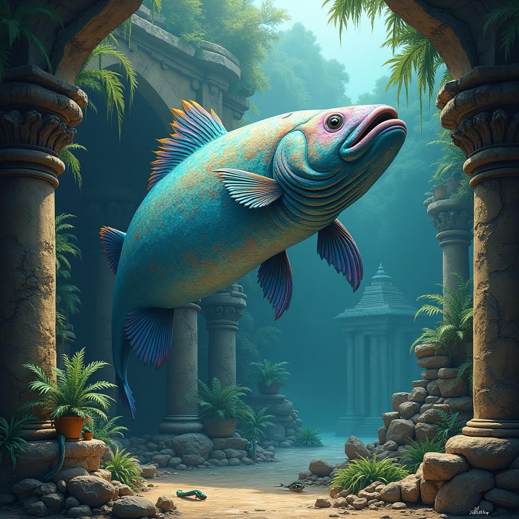 Giant Fish Exploring Aztec Ruins: Surreal Dreamscape