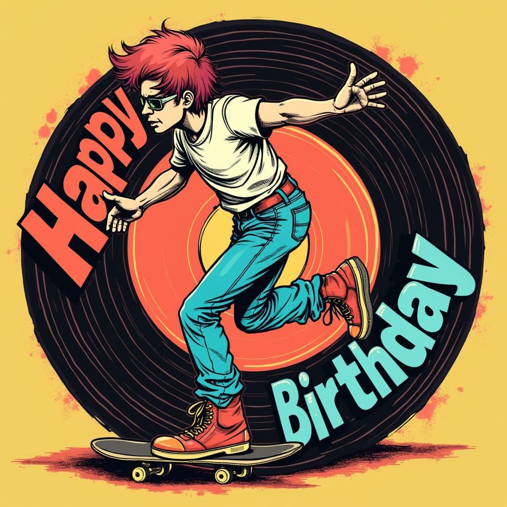 Retro Vinyl Enthusiast Celebrates Birthday on a Rock Skatebo...