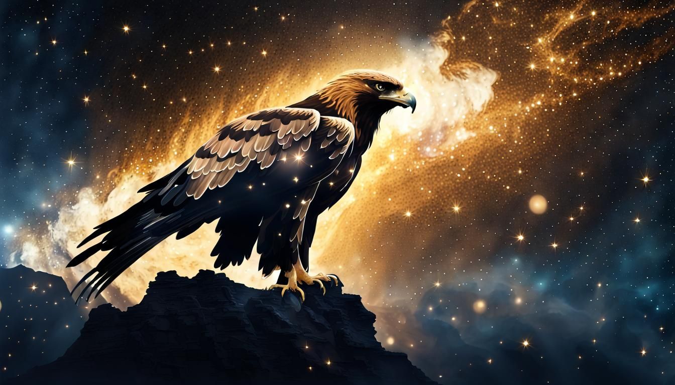 Golden Eagle Silhouette Over Galaxy, Fantasy Digital Art