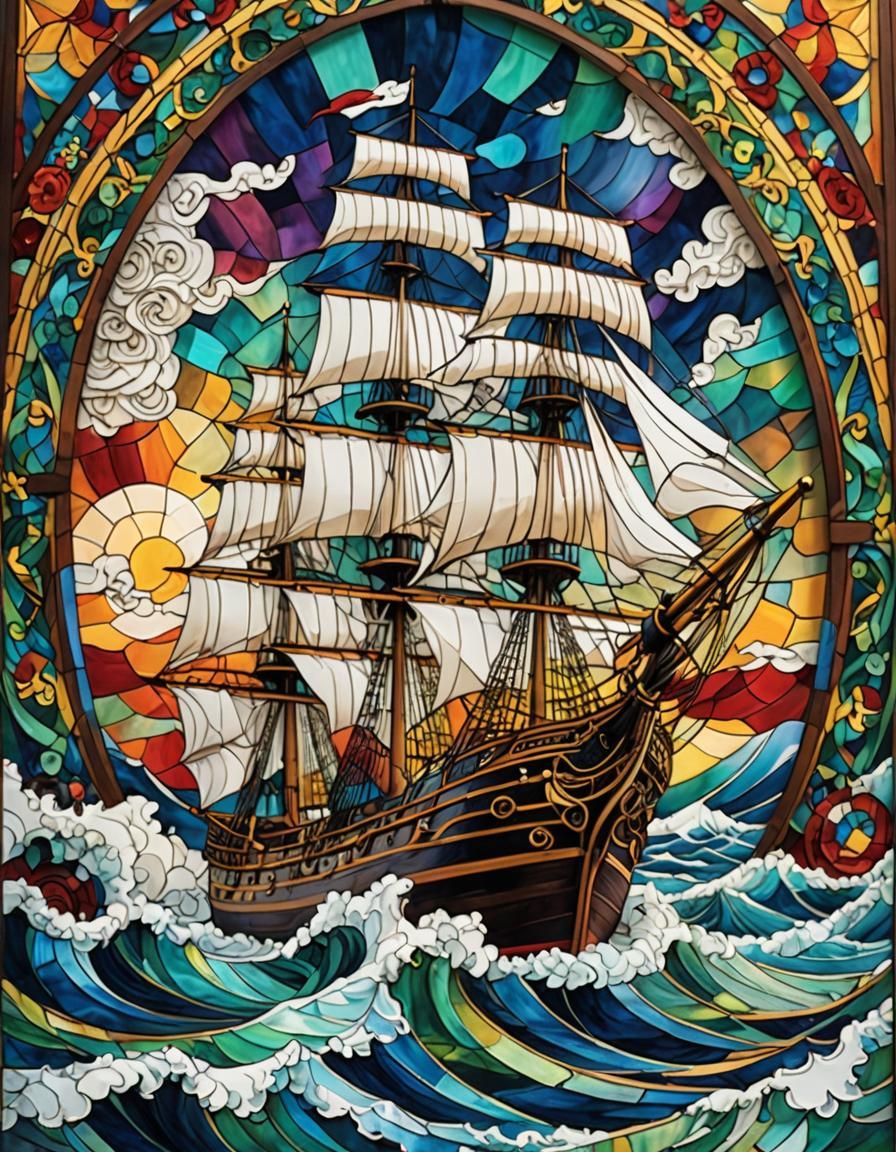 Majestic Clipper Ship in Stained Glass Art