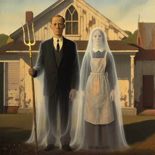 Spectral Spirits Guard Dutch Farmhouse in Grant Wood Style