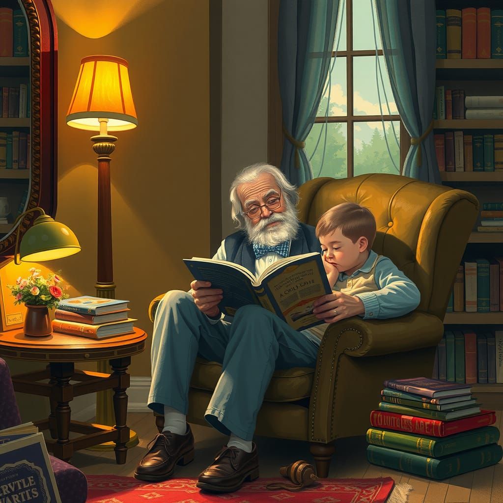 Cozy Reading Scene in Rockwell-Inspired Illustration