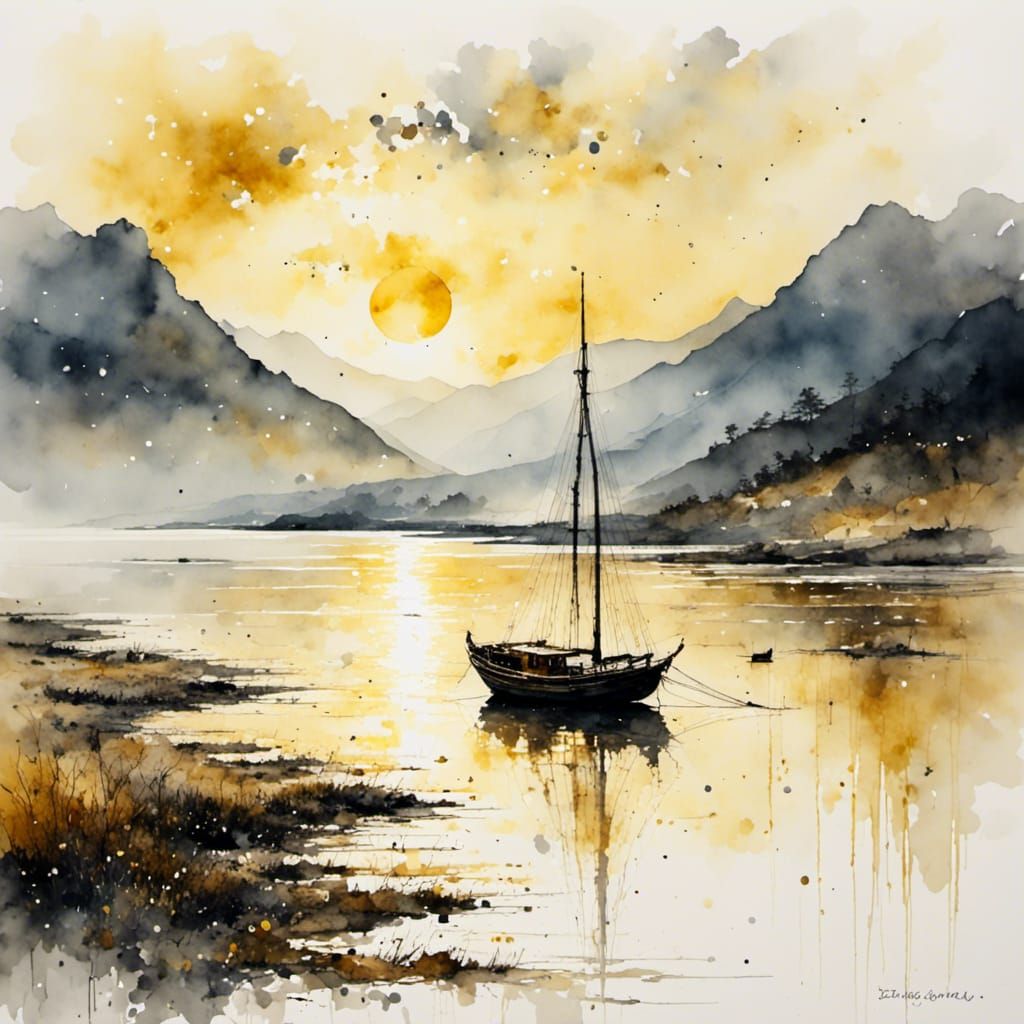 Estuary Dawn: Single Boat Sails Out in Watercolor