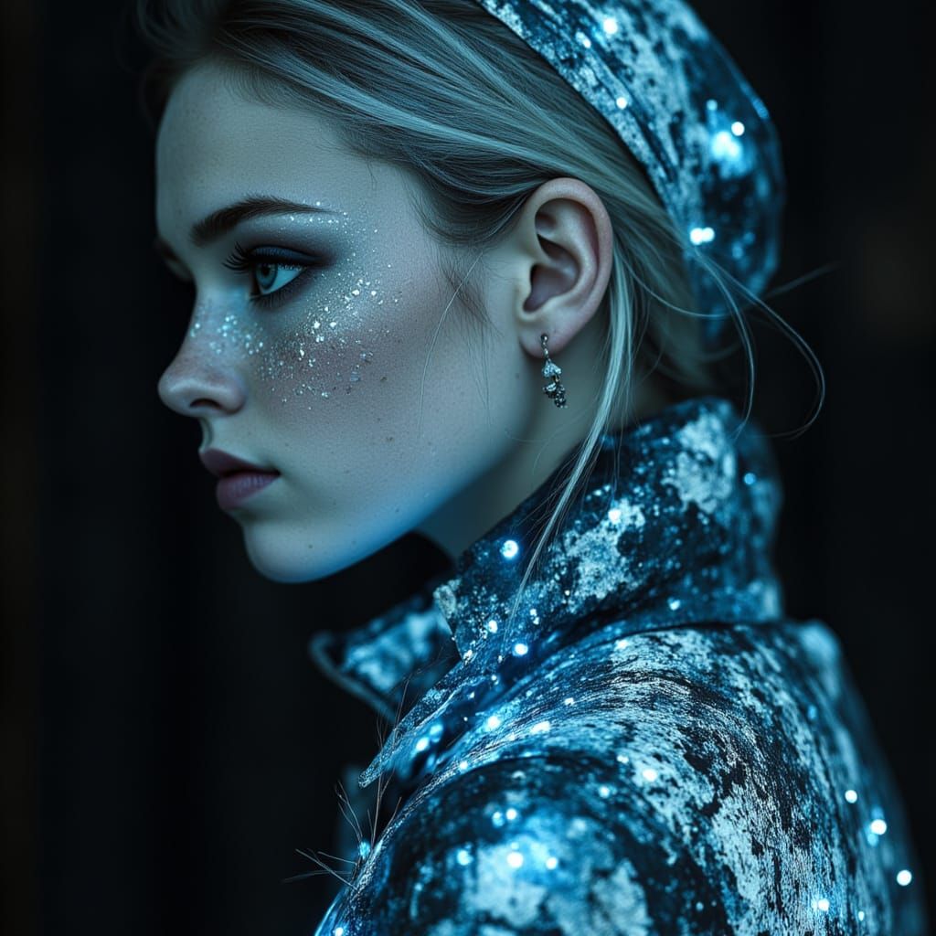 Woman With Moonlit Skin and Map Fragment Jacket