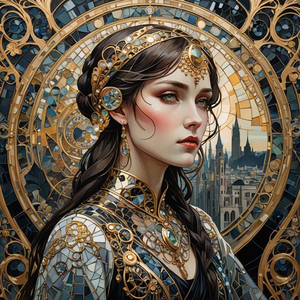 Glass Mosaic Girl in Art Nouveau Digital Cubism