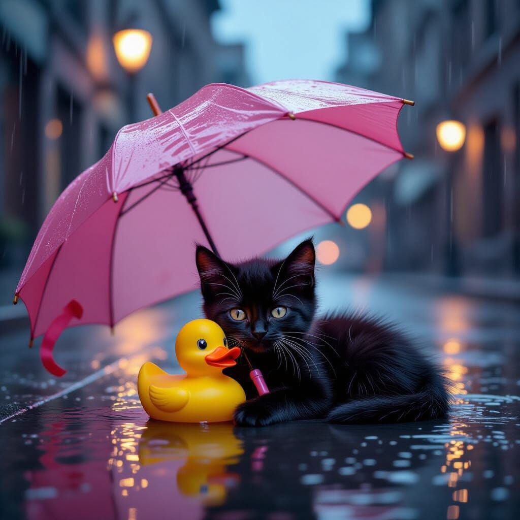 Wet Kitten with Rubber Duck Under Pink Umbrella