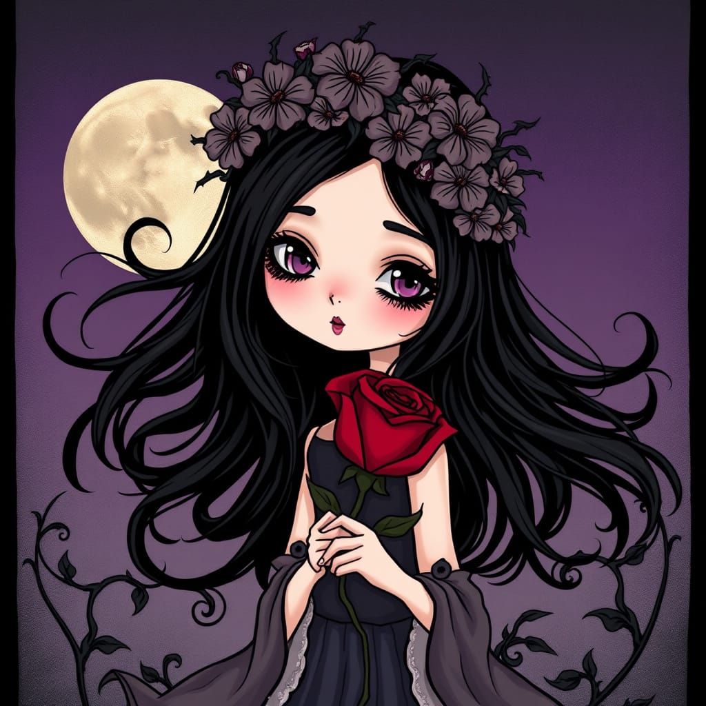 Mysterious Gothic Rose Maiden in Moonlit Twilight