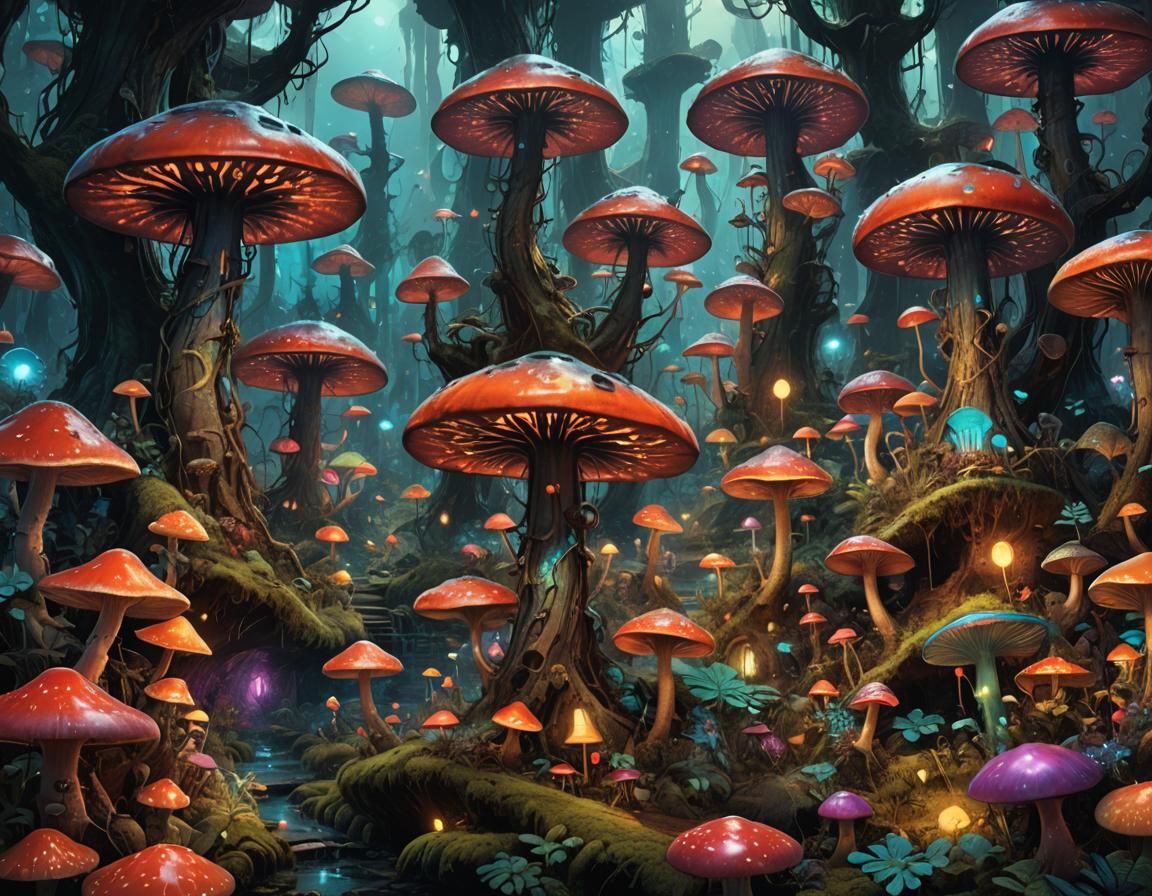 Bioluminescent Lava Lamp in Mushroom Forest: Fantasycore Art