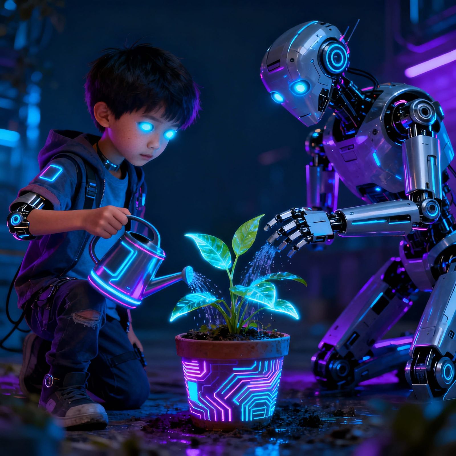 Cyberpunk Kids and Robots Water Plant in 2095