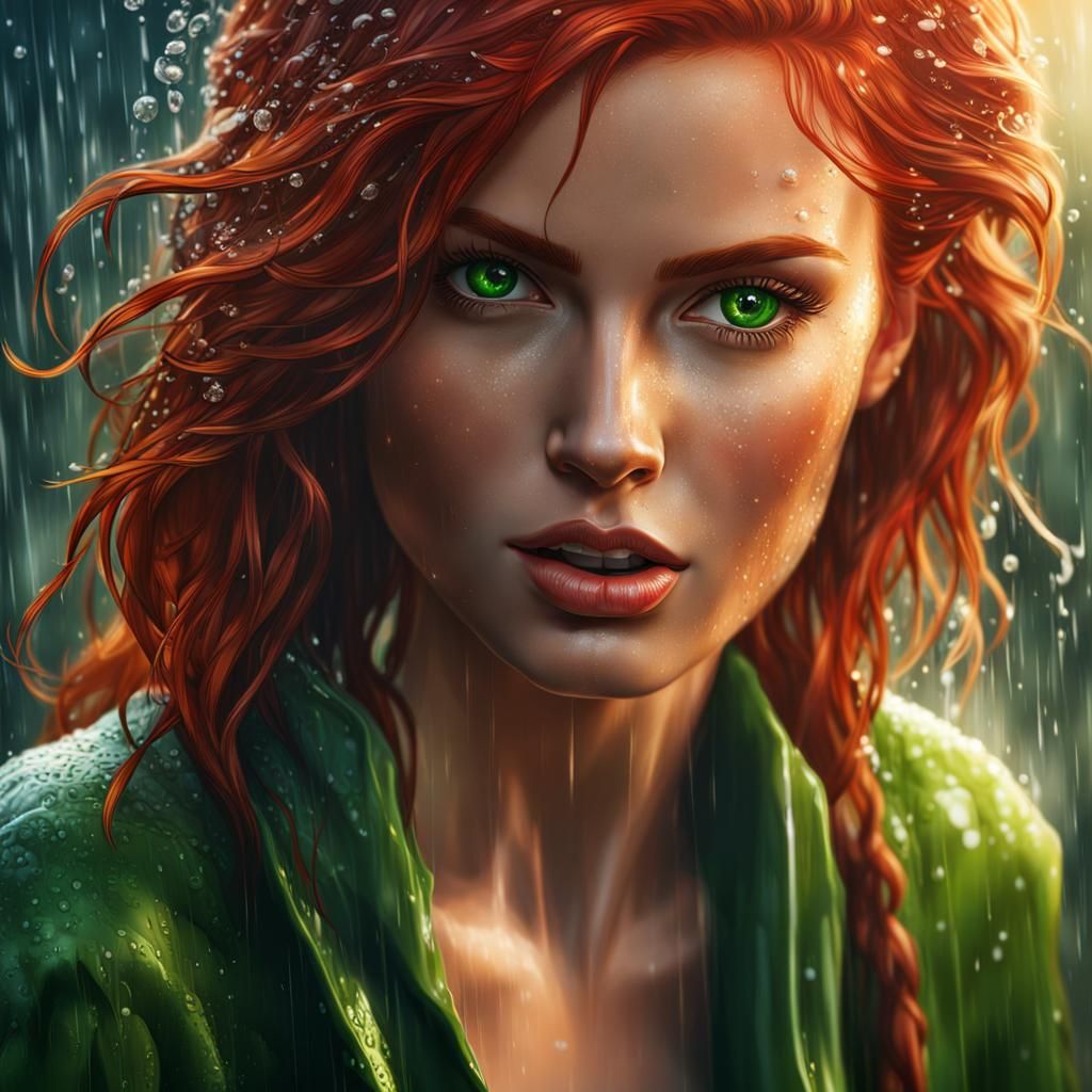 Beautiful Woman with Red Hair in Rain