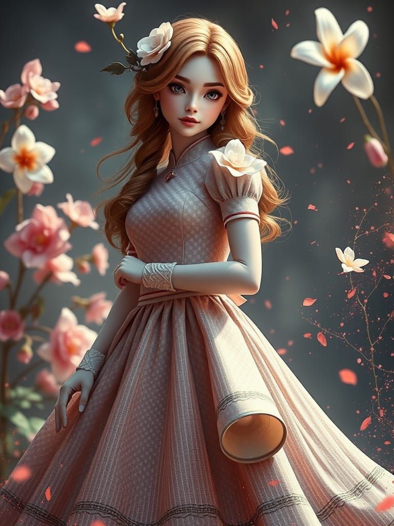 Realistic Fashion Girl in Polka Dot Dress and Jasmine Flower