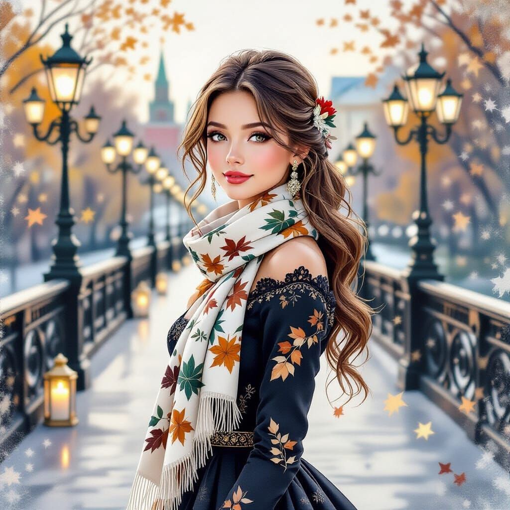 Elegant Girl with Autumn Scarf on Bridge