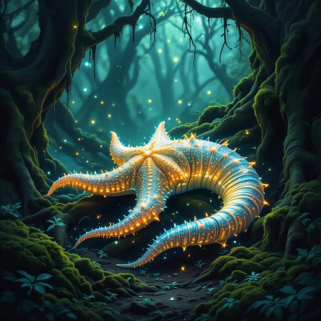 Fantastical Starfish-Eel Hybrid in Mystical Forest