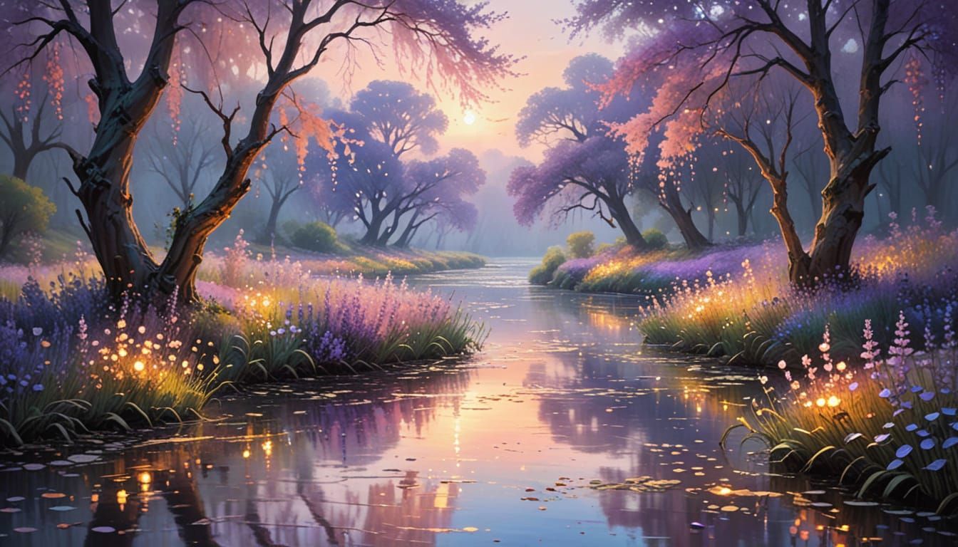 Misty River Landscape with Ancient Willows in Pastel Hues