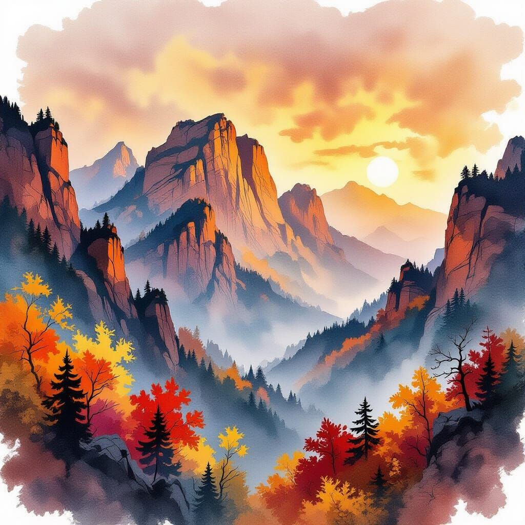 Vibrant Watercolor Autumn Mountain Landscape