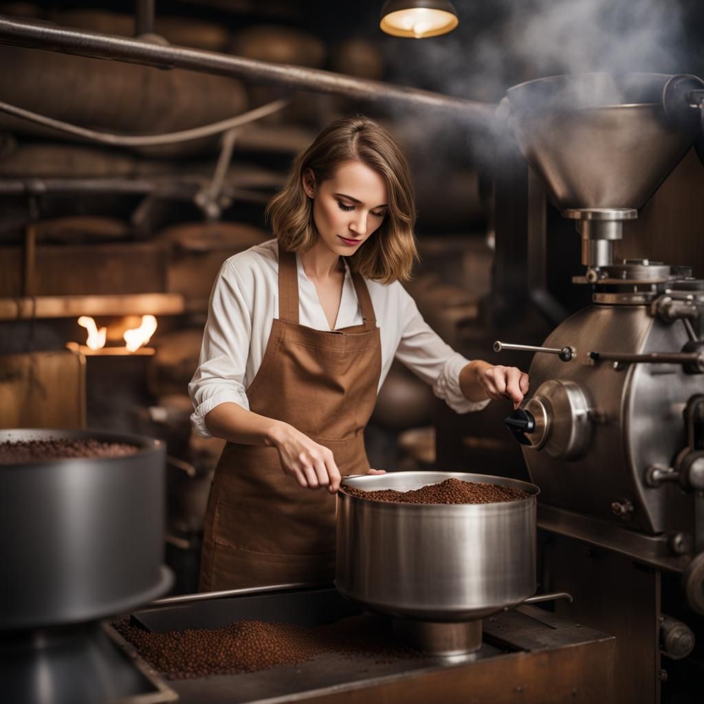 Young Woman Roasting Coffee Beans in Roastery