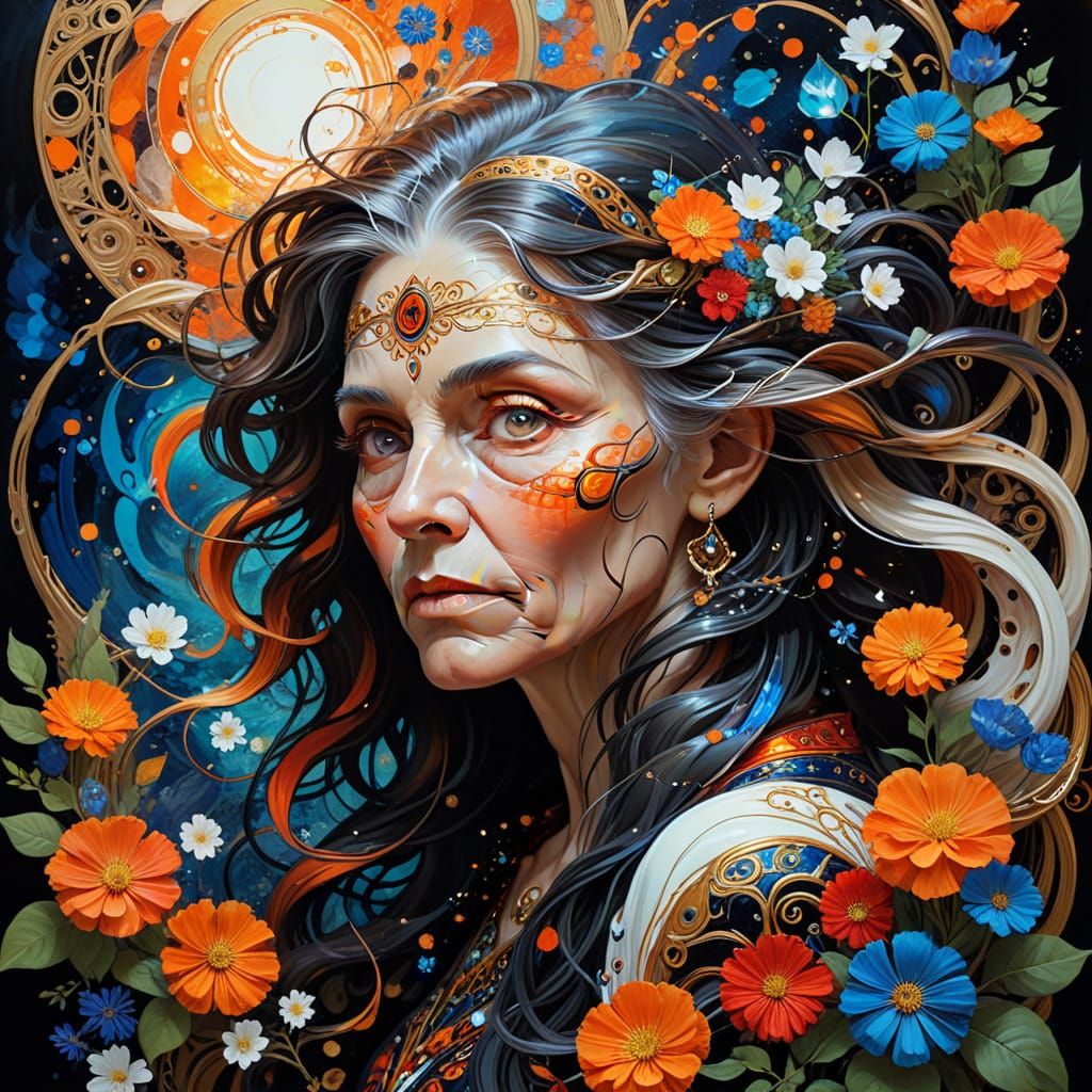 Wise Old Woman in Vibrant Woodland Scene
