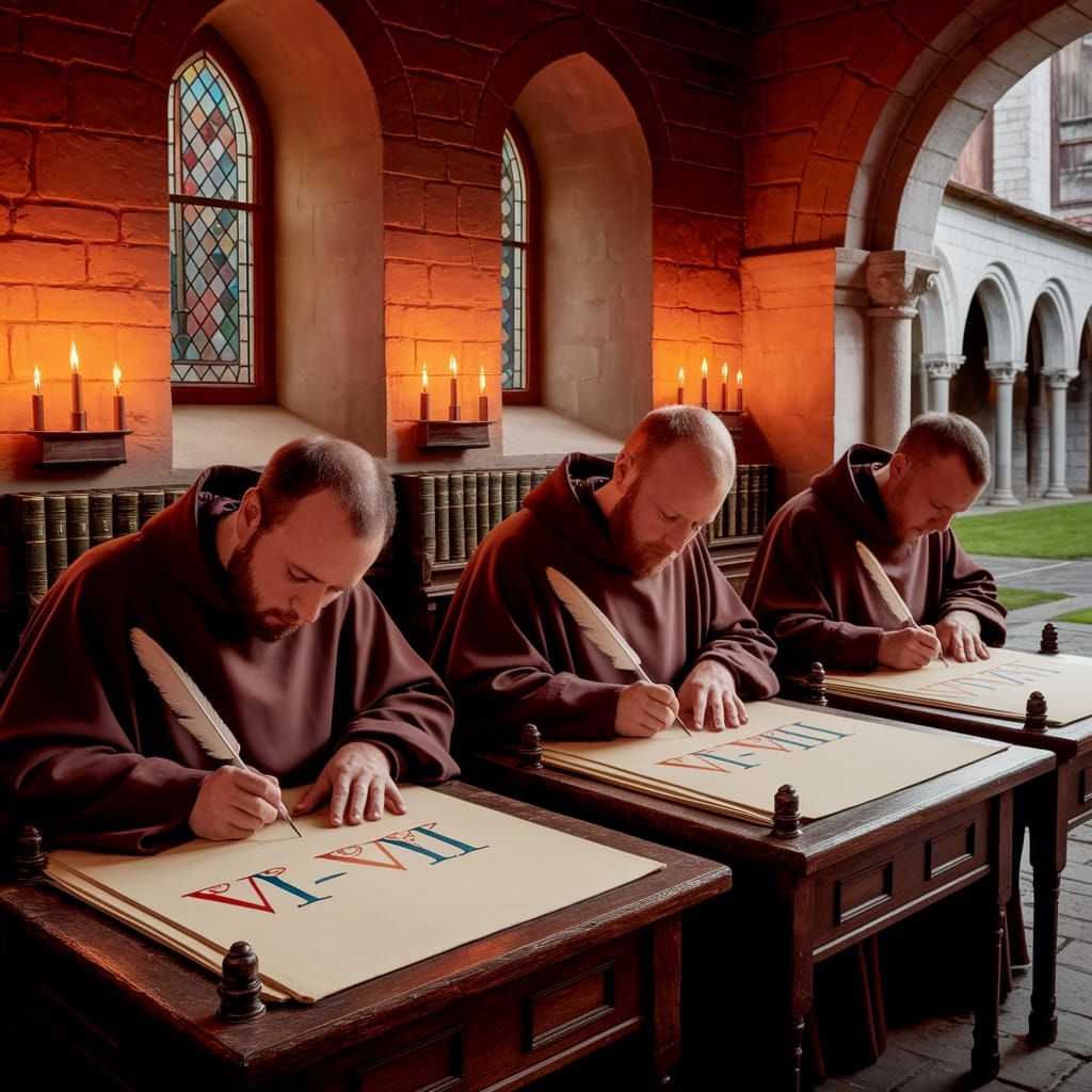 Irish Monks Transcribing Ancient Texts in Scriptorium