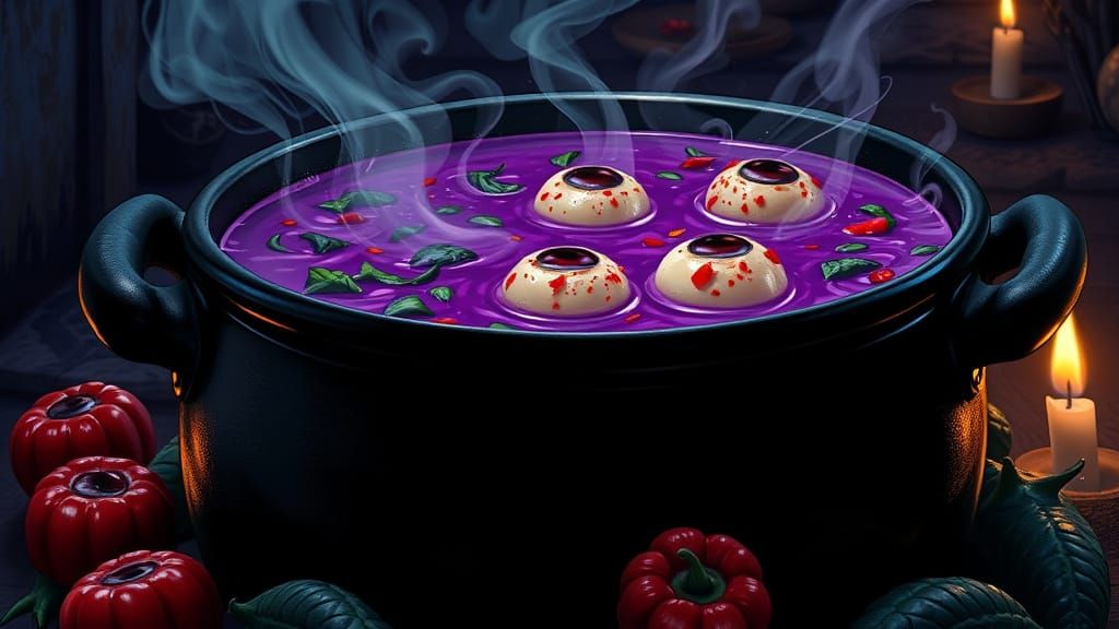 Eerie Cauldron of Purple Soup with Glowing Steam