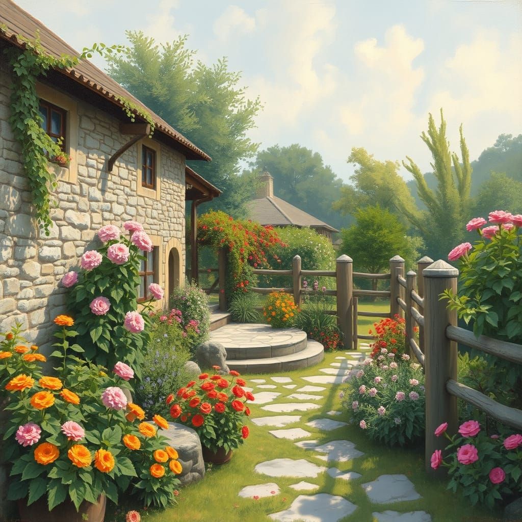 Impressionistic Garden with Flowers and Stone Walls