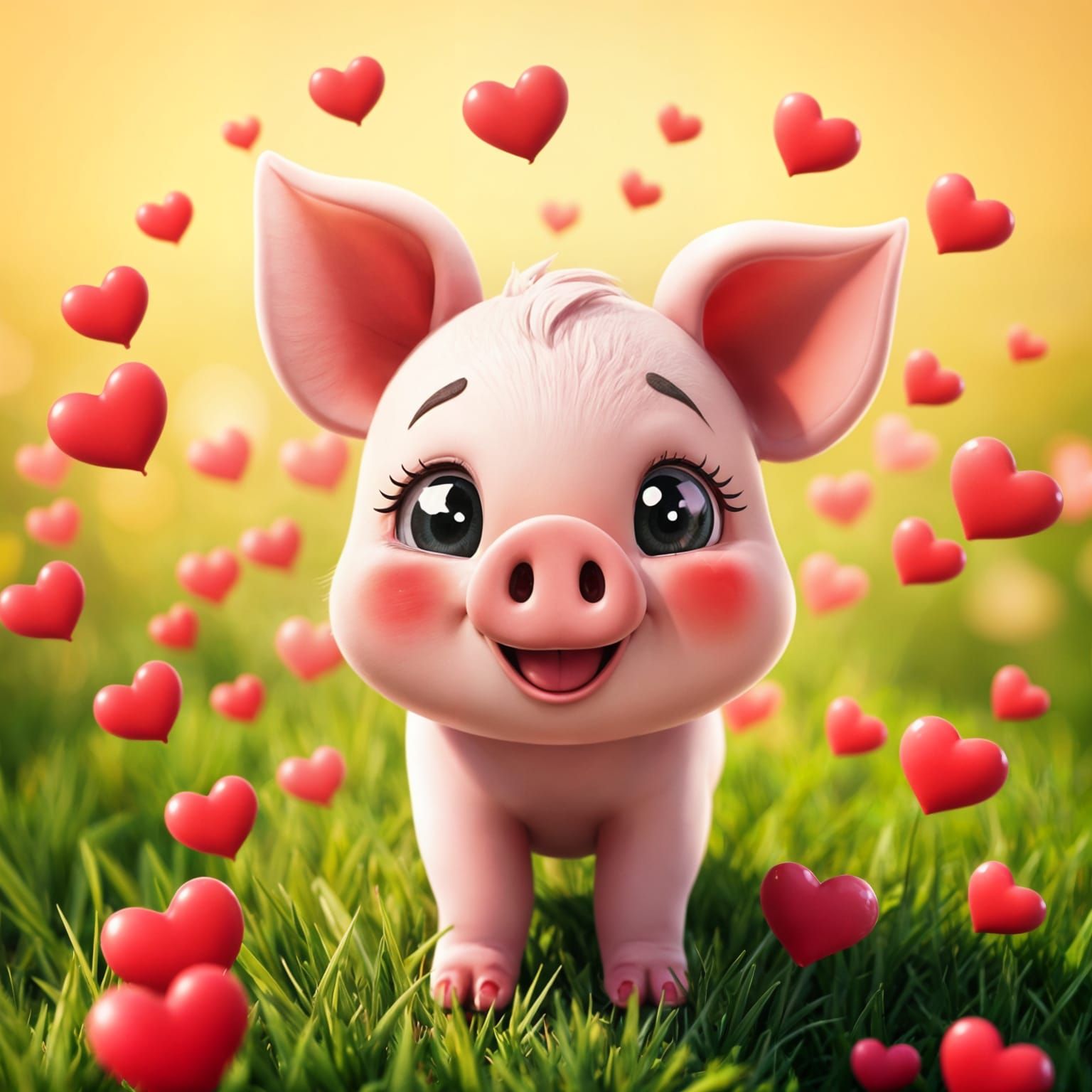 Kawaii Pink Piglet with Hearts in Digital Art