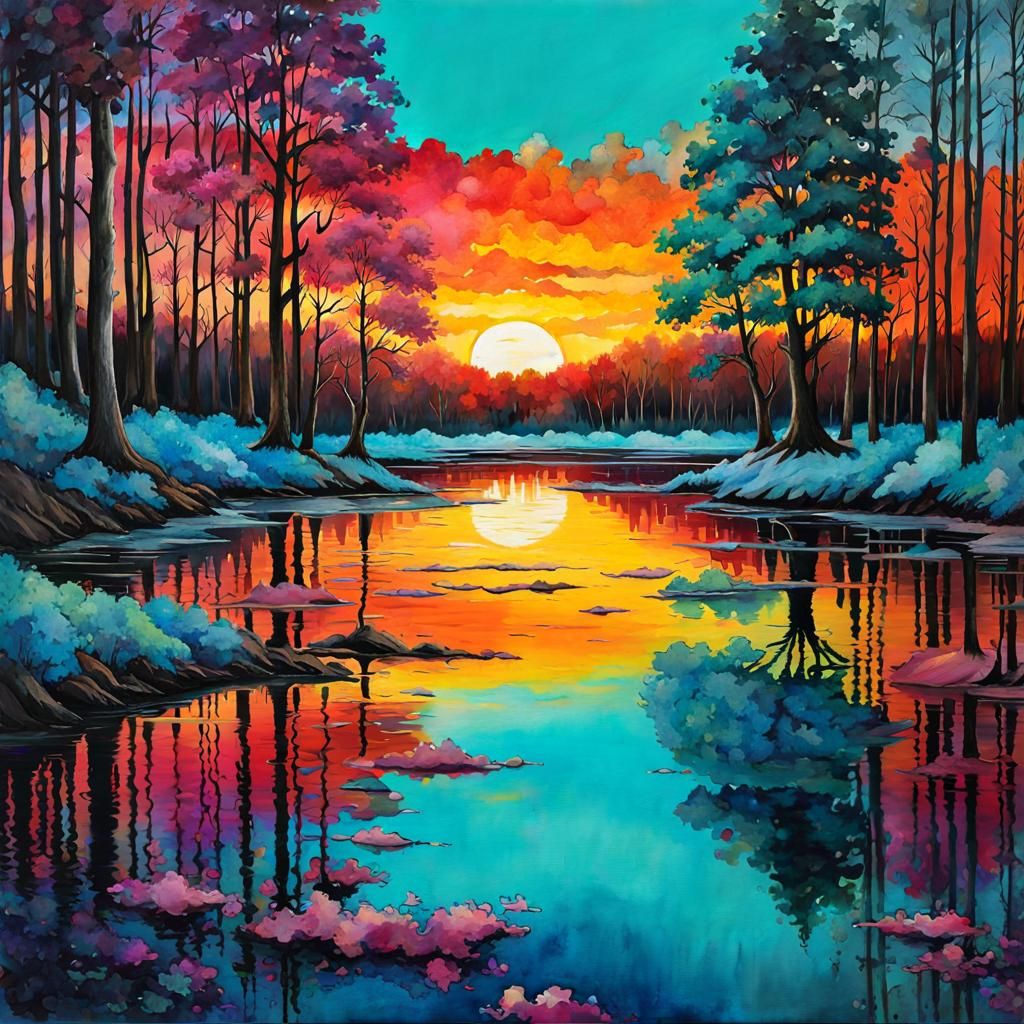 double exposure: a sunset trees and clear teal water reflection, creative splashy Watercolour , Waterhouse, Josephine Wa...