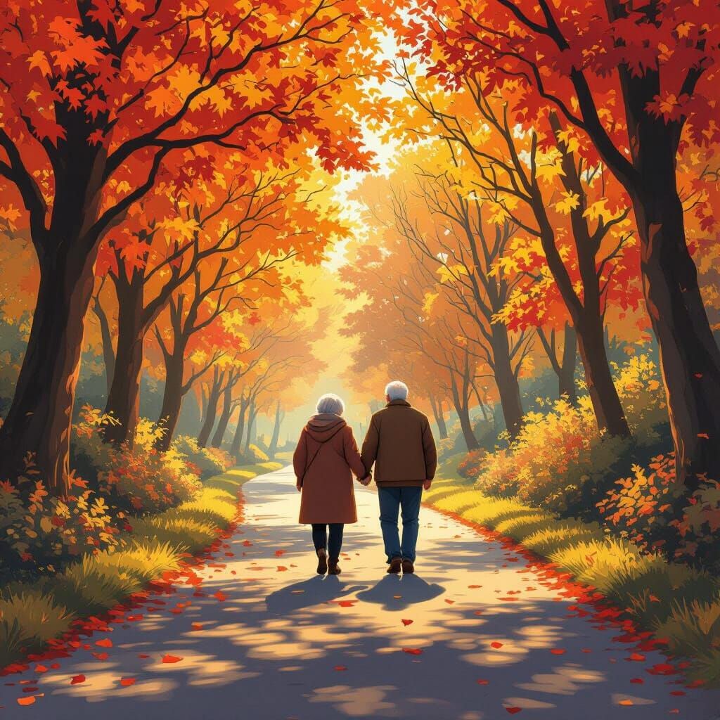 Autumn Stroll: Couple in a Hyper-Painted Landscape