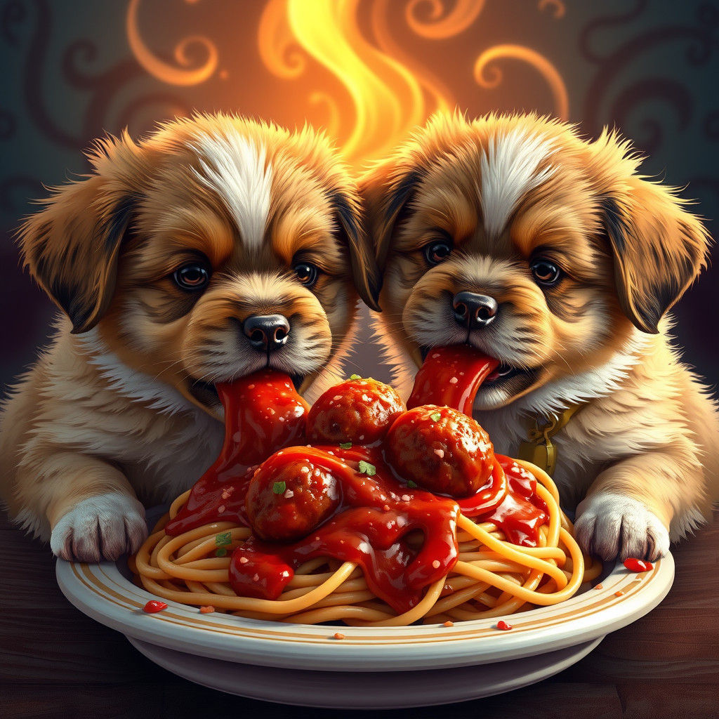 Puppy Spaghetti Feast: Hyper-Detailed Concept Art