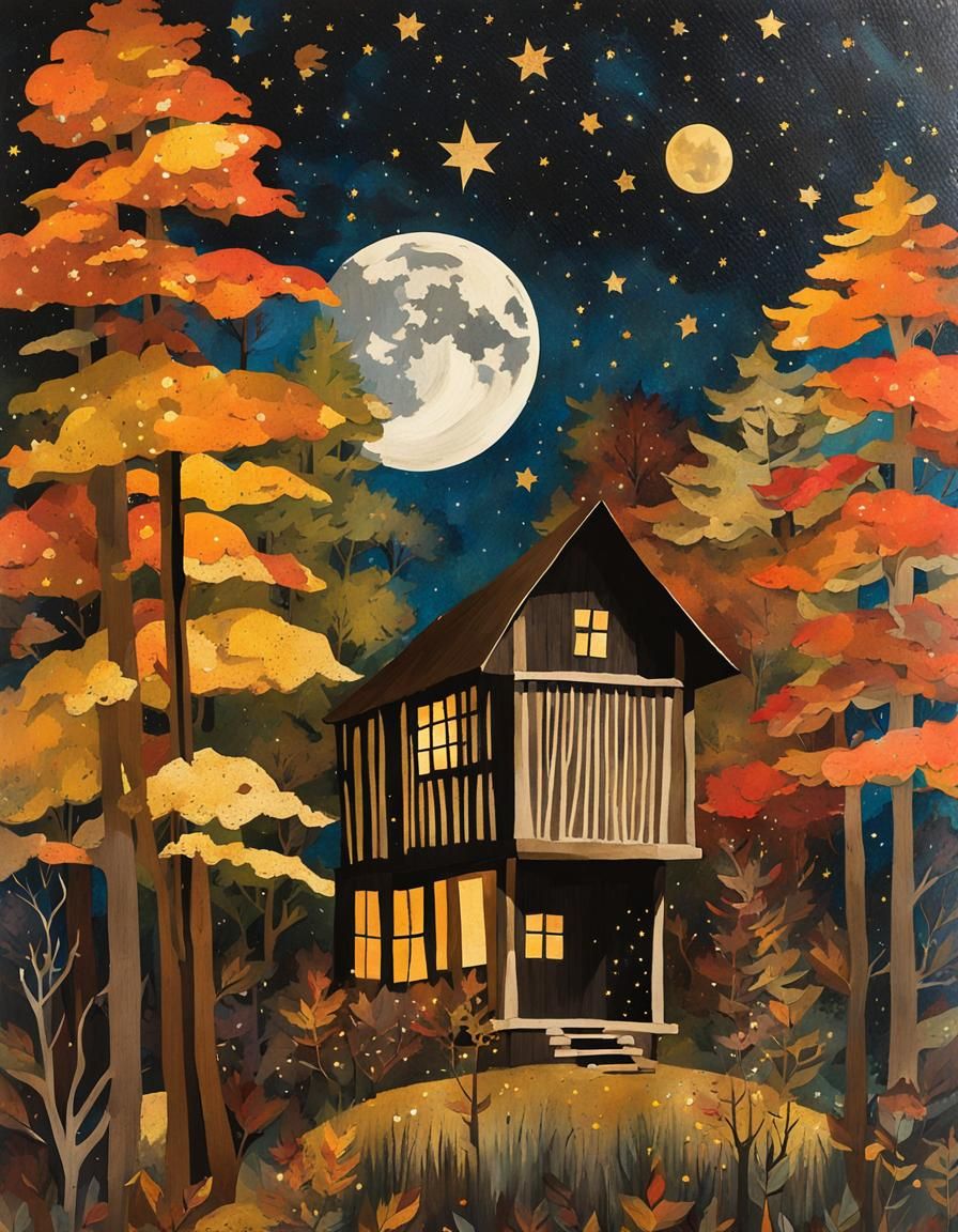 Autumnal Arboretum Collage with Medieval Hut