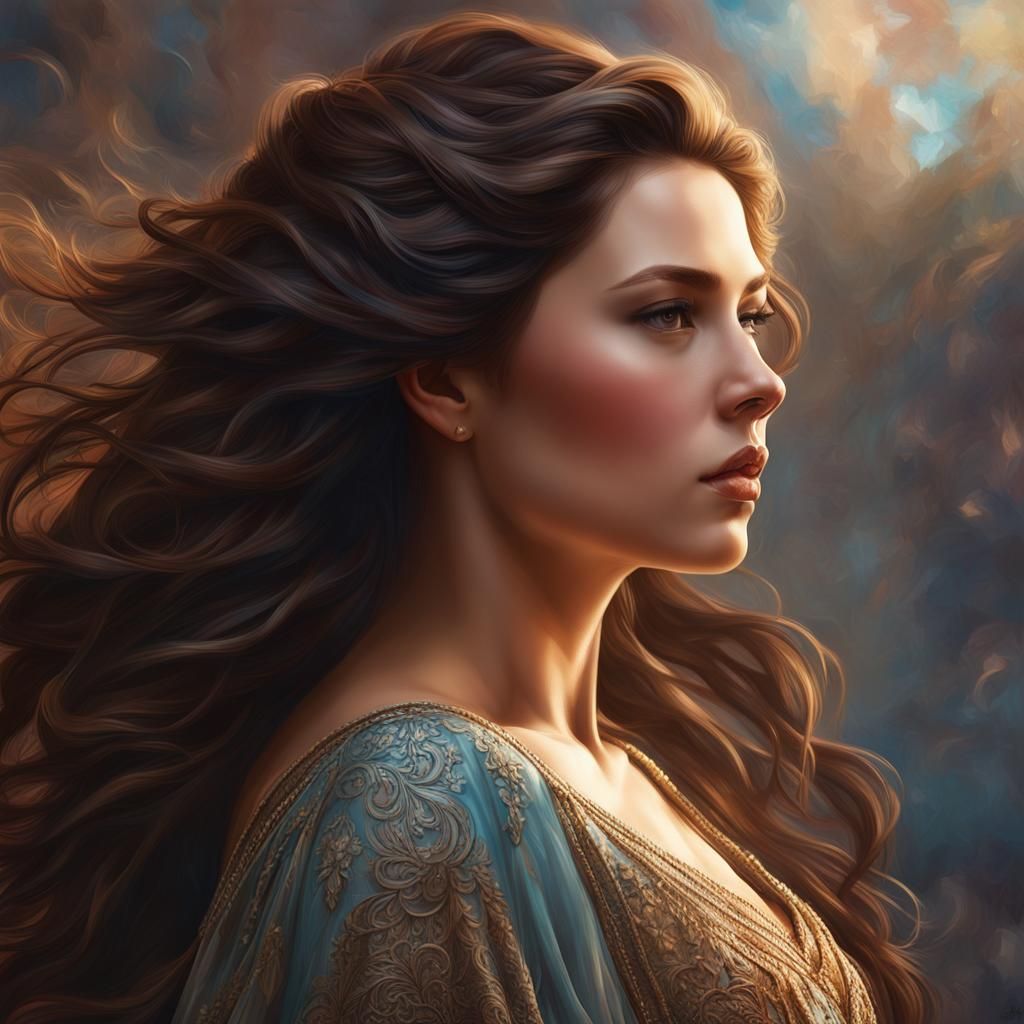 Detailed Portrait of Woman in Flowing Dress