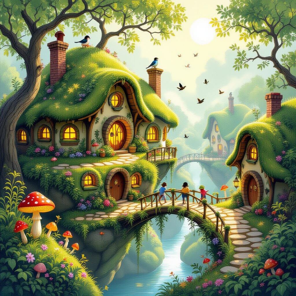 Whimsical Hobbit Village on Floating Earth Motes