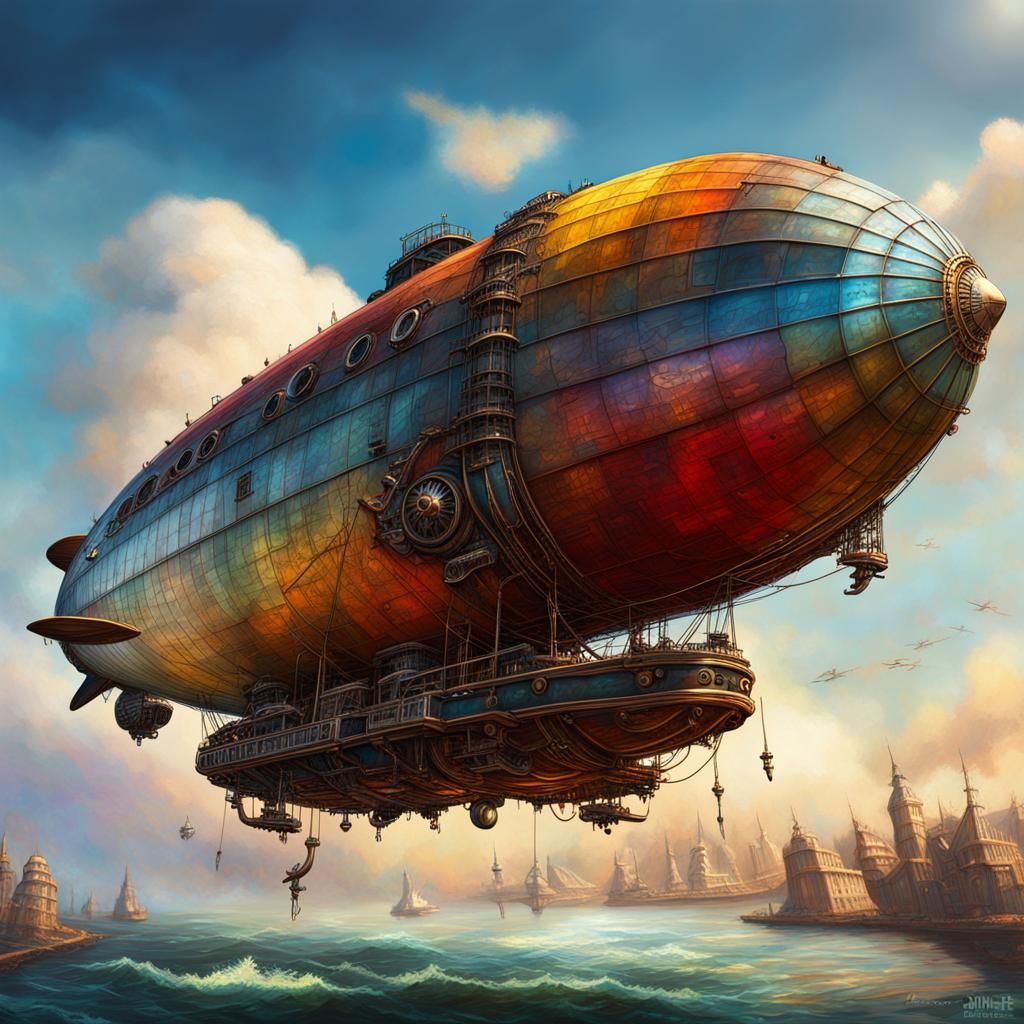 Steampunk Zeppelin in Hyperrealistic Splash Art